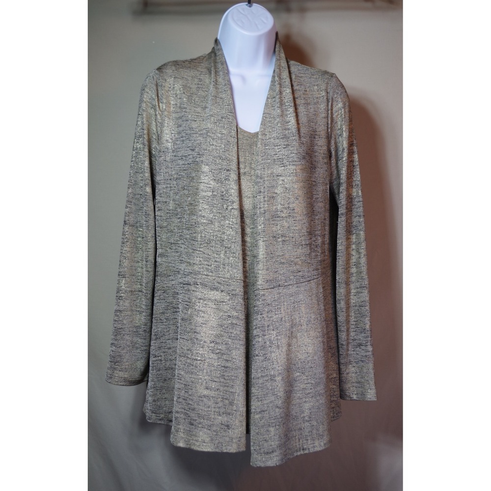 Susan Graver XXS Metallic Gold Silver Knit 2 Piece Set Cardigan Tank